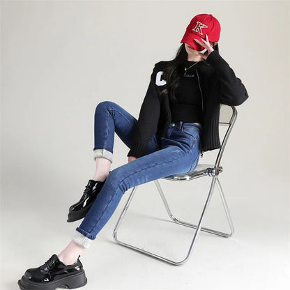 Women Thermal Jeans Winter Snow Warm Plush Stretch Jeans Lady Skinny Thicken Fleece Denim Long Pants Retro Blue Pencil Trousers