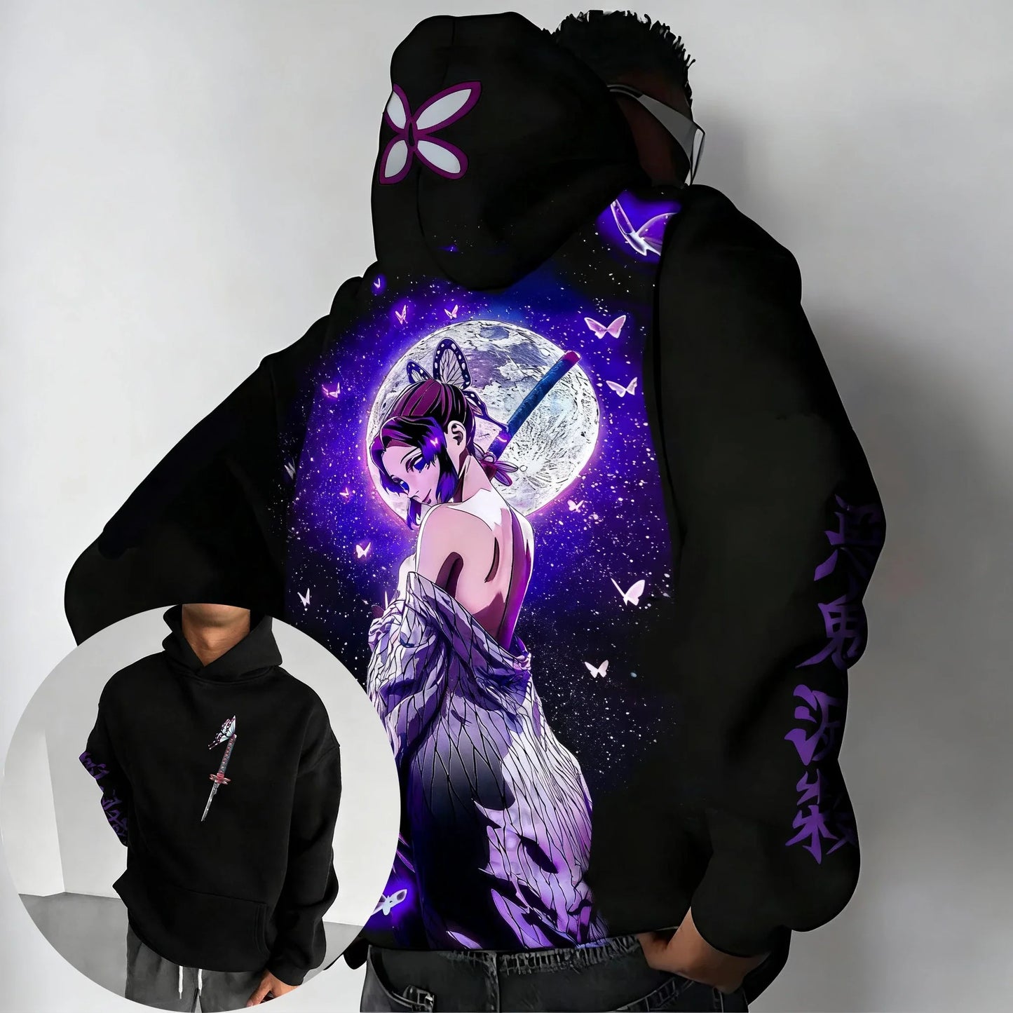 Demon Slayer Y2K Trendy Hoodie Men's Autumn/Winter New Kochou Shinobu Anime Printed Street Hip Hop Casual Loose Parent Child Top