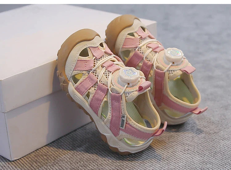 Kids' Rotating Button Closed-Toe Sandals, Breathable Mesh Shoes, Non-Slip Boy Girls Barefoot Shoes Summer Casual Sports Sandals