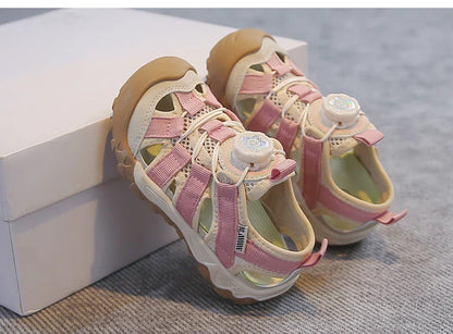 Kids' Rotating Button Closed-Toe Sandals, Breathable Mesh Shoes, Non-Slip Boy Girls Barefoot Shoes Summer Casual Sports Sandals