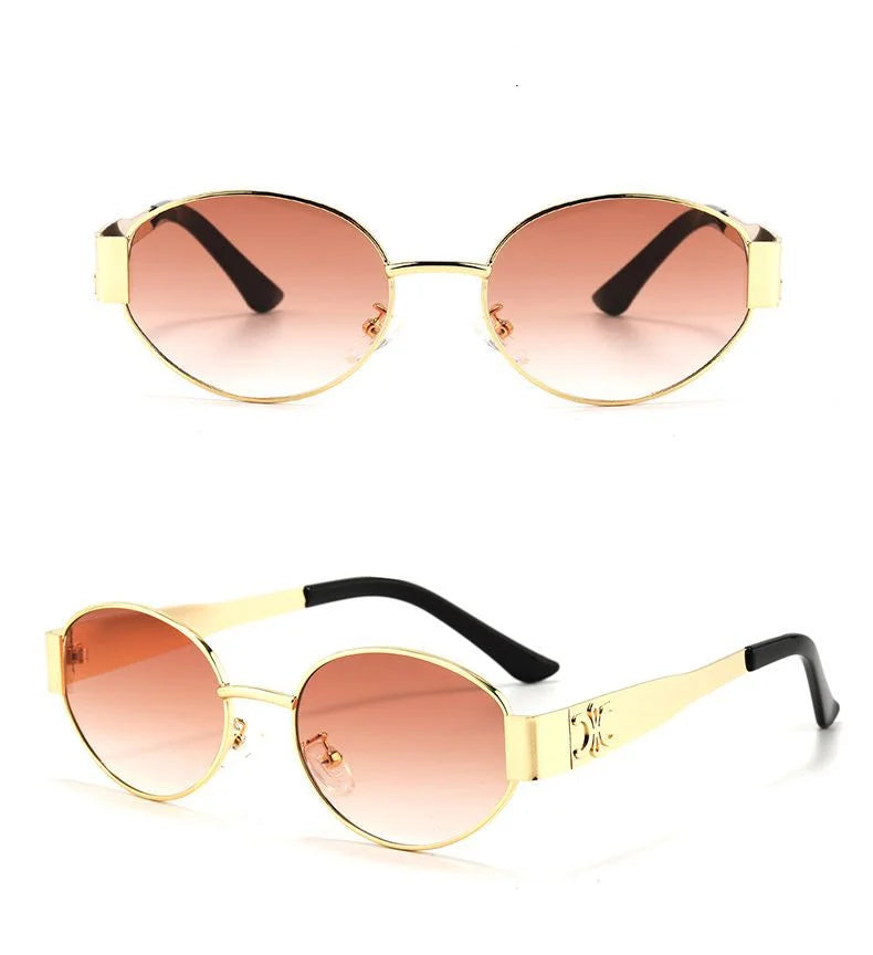 Luxury Designer Brand Sunglasses for Women and Men Oval Metal Frame Unisex Glasses Stylish Glamour Eyewear Retro Gold-Edged Oval