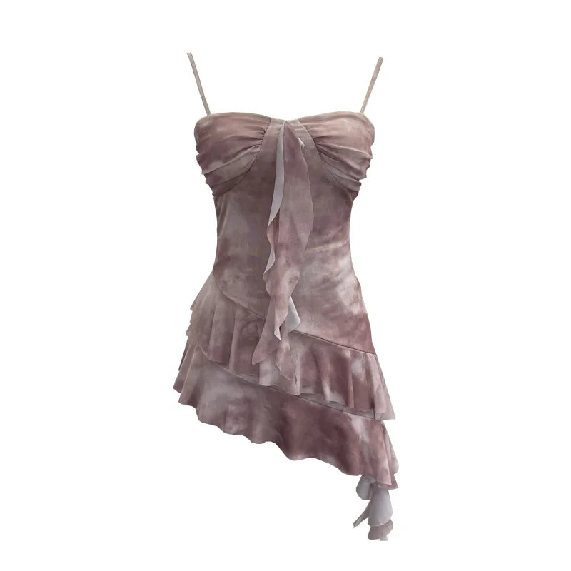 2025 Mesh Camisole for Women Stretch Casual Tie Dyeing Braless Sleeveless Adjustable Straps Asymmetrical Ruffle Tops