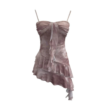 2025 Mesh Camisole for Women Stretch Casual Tie Dyeing Braless Sleeveless Adjustable Straps Asymmetrical Ruffle Tops