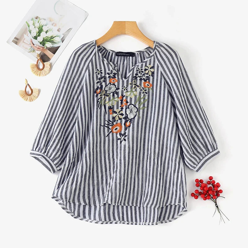 Fashion V Neck 3/4 Sleeve Embroidery Floral Blouse Women Summer Bohemian Striped Tops Casual Holiday Shirt Work Blusas