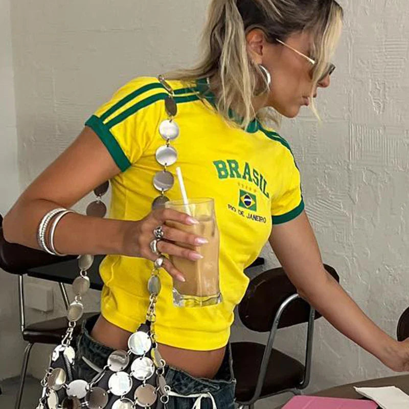 Y2k Five-star Brazil Crop Top Summer Women Aesthetics Baby Tees Gothic Emo Girl Vintage Letter Print Casual Short Sleeve T-shirt