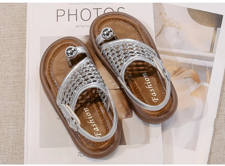Children's Shoes Girls Flip-flops 2025 Brand Summer Sandals for Kids Fashion Braided Beach Shoes Princess Flat Slingbacks I05281