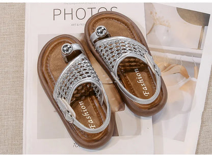 Children's Shoes Girls Flip-flops 2025 Brand Summer Sandals for Kids Fashion Braided Beach Shoes Princess Flat Slingbacks I05281