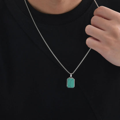 Trendy Pendant Necklaces for Men Boys,Square Natural Stone Stainless Steel Necklaces,Hip Hop Cool Healing Jewelry Gifts