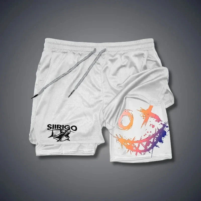 2024 Men's Smiling Face Printed Fitness Shorts Double-Layer 2-in-1 Quick Drying Fitness Outdoor Leisure Training Sports Shorts