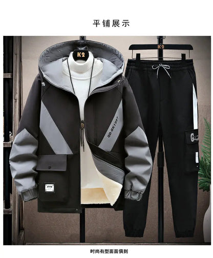 Winter Tracksuit Men Warm Sports Printed Thick Suit Mens Casual Hooded jacket+Pants Sweatsuit Male 2 Piece Sportswear