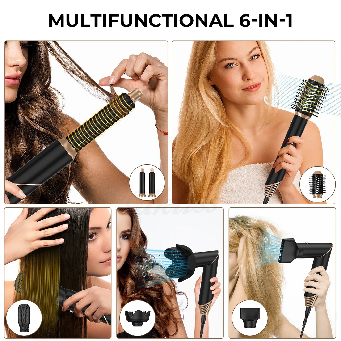 6 in 1 Hot Air Brush Foldable Hair Dryer with Diffuser Detachable Blow Dryer Brush Hairdryer Air Styler Hair Curler Curling Wand