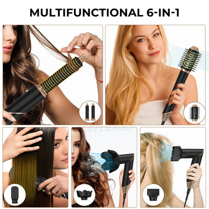 6 in 1 Hot Air Brush Foldable Hair Dryer with Diffuser Detachable Blow Dryer Brush Hairdryer Air Styler Hair Curler Curling Wand