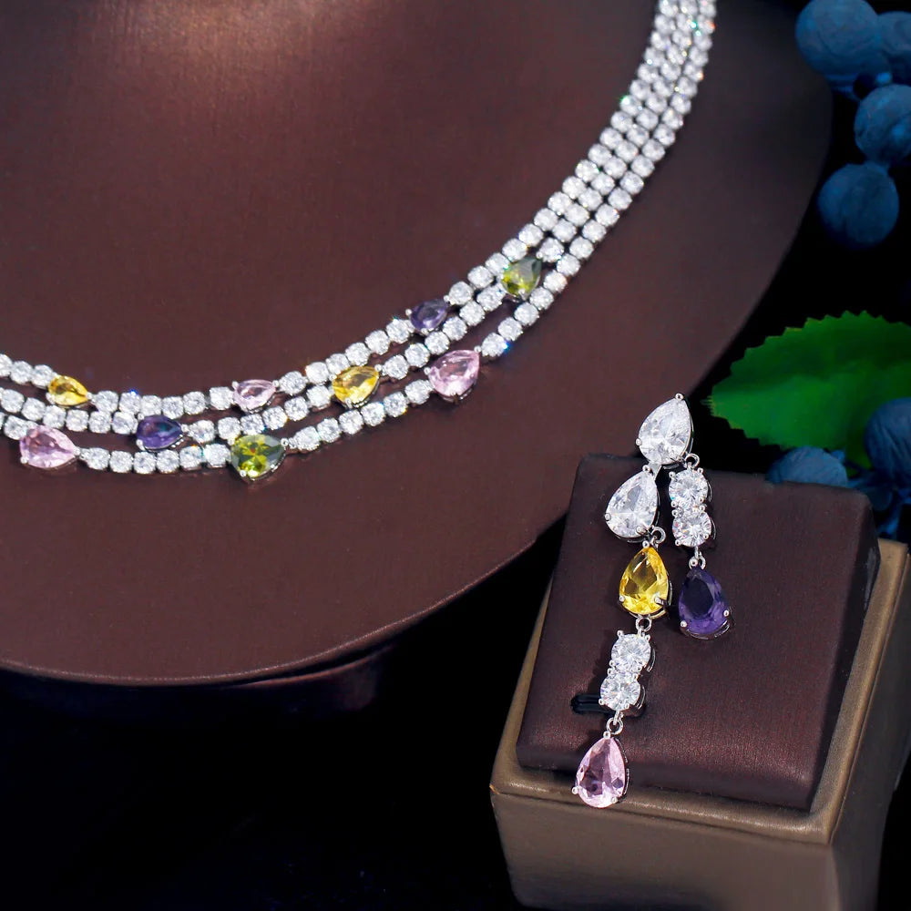 Shiny Colorful Cubic Zirconia 3 Rows Multi Layer Bridal Wedding Choker Necklace Earrings Jewelry Set for Women TZ784