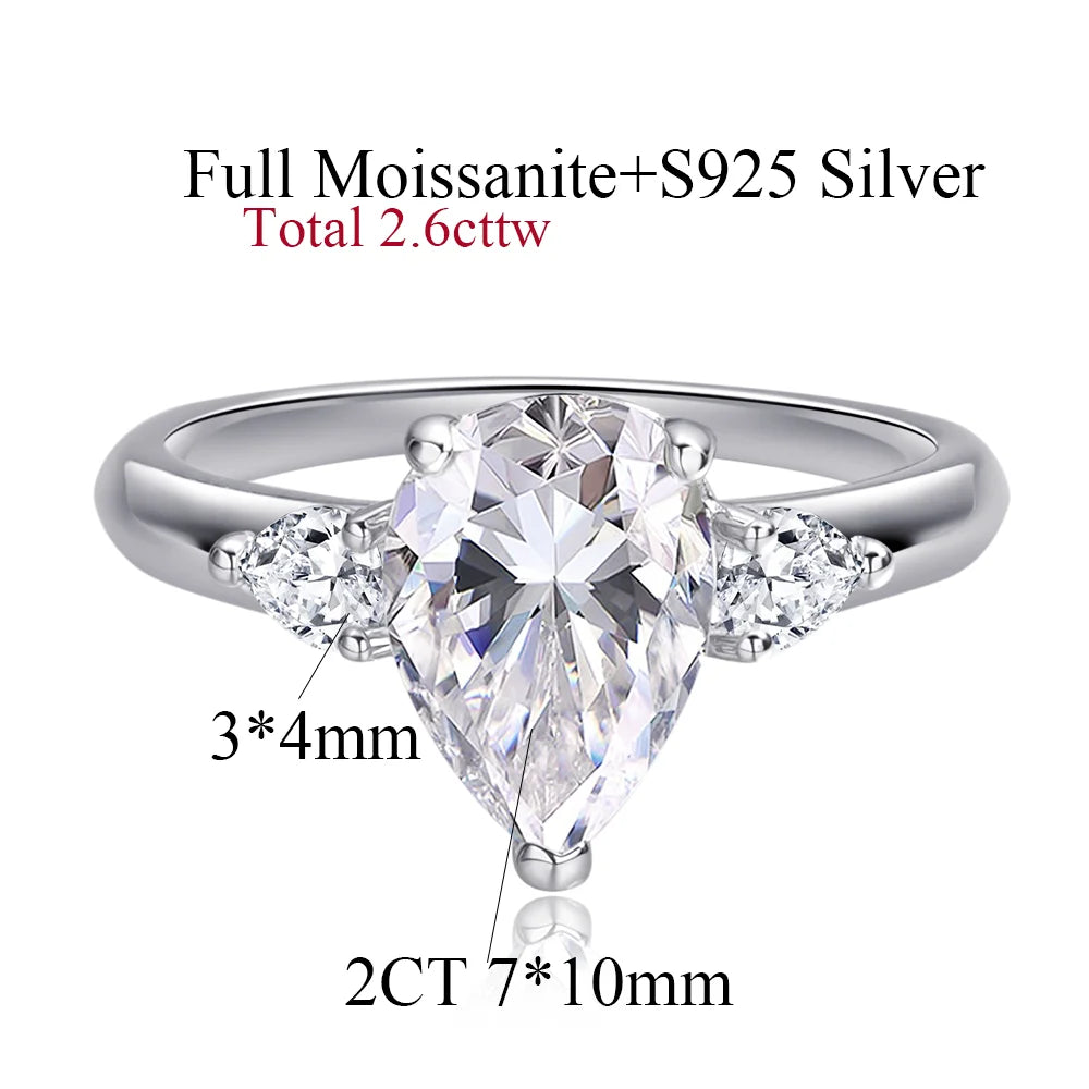 1/2/3/4CT Pear Cut Moissanite 3-stone Ring for Women S925 Silver Sparkling D Waterdrop Diamond Wedding Band Fine Jewelry