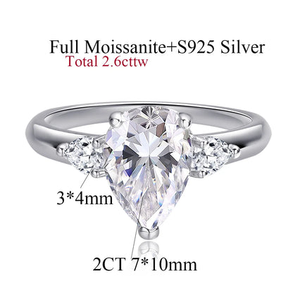 1/2/3/4CT Pear Cut Moissanite 3-stone Ring for Women S925 Silver Sparkling D Waterdrop Diamond Wedding Band Fine Jewelry