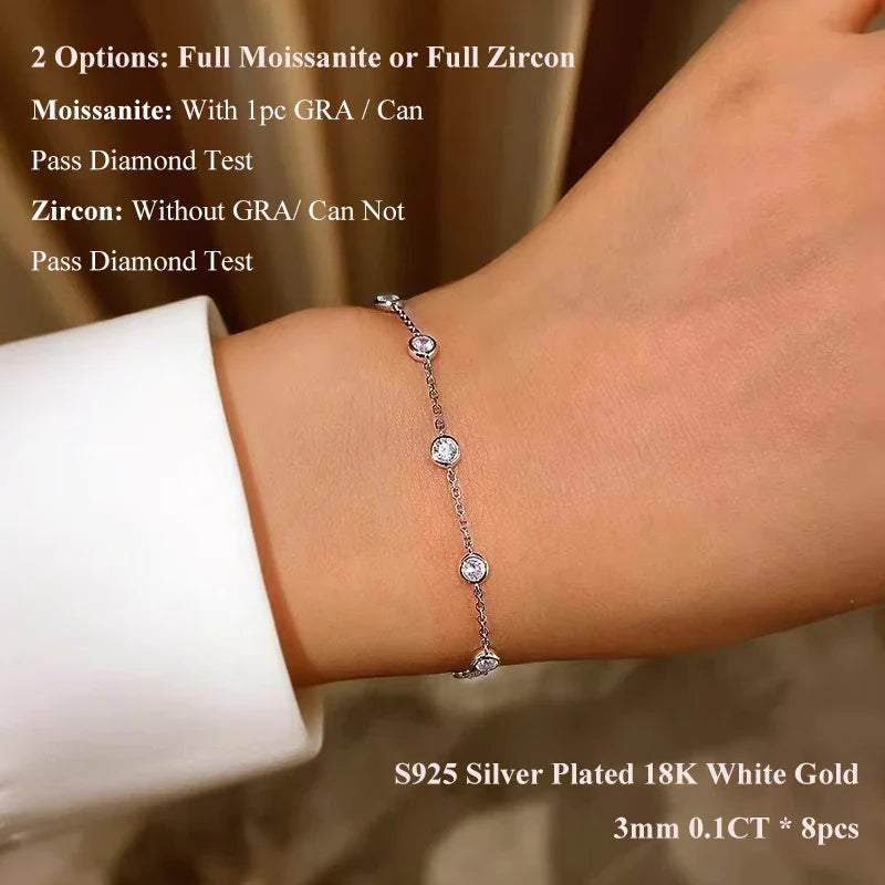 Full 0.1CT 3mm D Color Moissanite Diamond Link Bracelet for Woman 925 Silver Plated 18k Adjustable 15-20cm Chain Bracelets