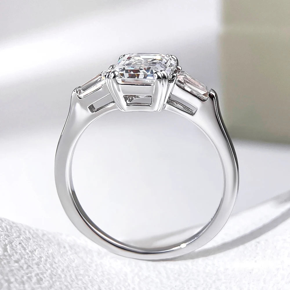 1-4 Carat Emerald Cut Moissanite Rings for Women D VVS1 Three Stone Diamond Engagement Ring Side Baguettes 925 Silver Jewelry