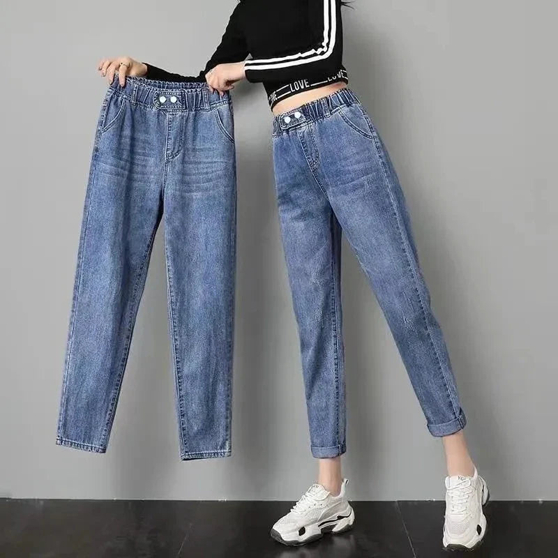High Waist Denim Harlan Pants Women's Loose Elastic waist Jeans