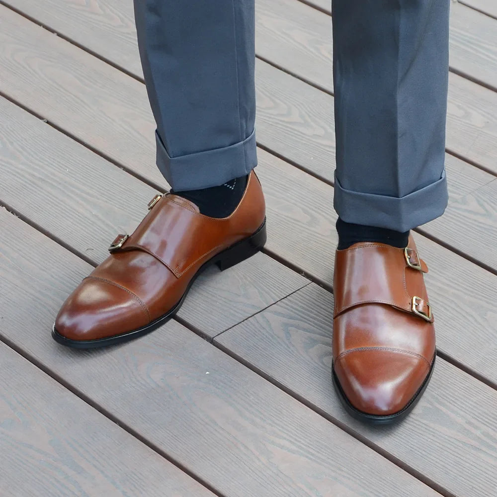 Luxury Men's Wedding Formal Shoes Genuine Leather Pure Brown Black Double Buckle Monk Strap Cap Toe Business Office Dress Shoes