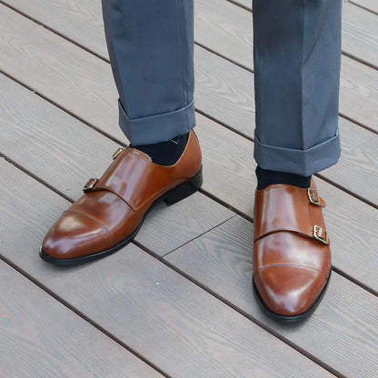 Luxury Men's Wedding Formal Shoes Genuine Leather Pure Brown Black Double Buckle Monk Strap Cap Toe Business Office Dress Shoes