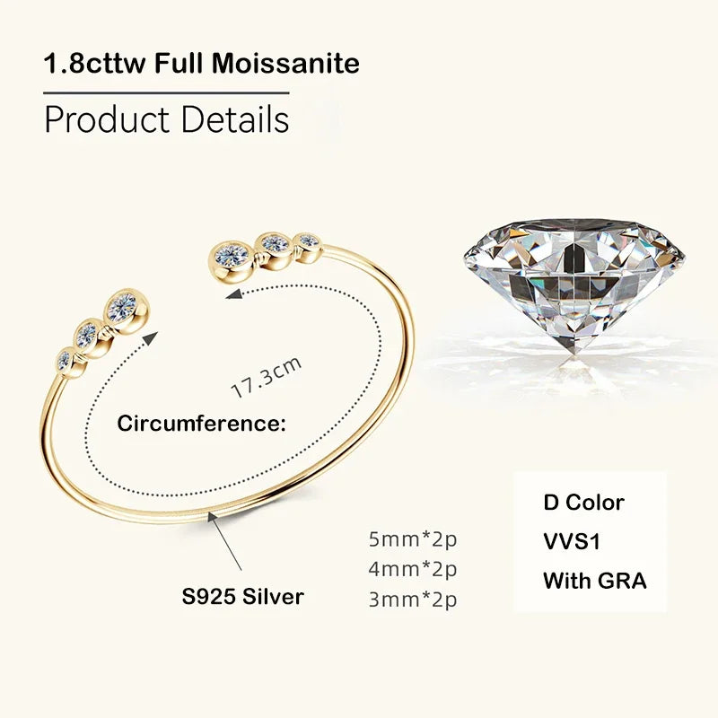 Four Prong Moissanite Cuff Bangle 5mm 0.5CT Round Cut D Color 925 Silver Open Hand Chain Bracelet For Women Girl Lady Gift