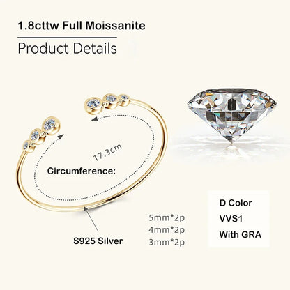 Four Prong Moissanite Cuff Bangle 5mm 0.5CT Round Cut D Color 925 Silver Open Hand Chain Bracelet For Women Girl Lady Gift