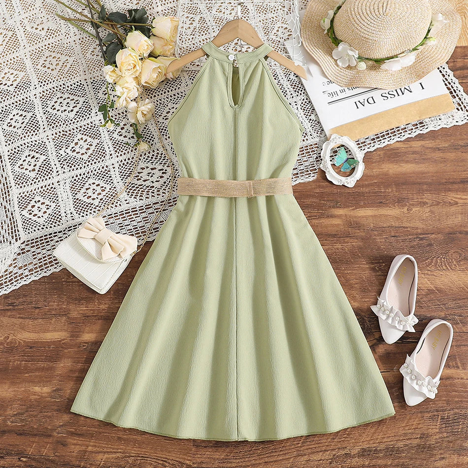Elegant Summer Princess Dress for Teen Girls with Halter Neck and Off-Shoulder Children Sleeveless Casual Clothes with Belt