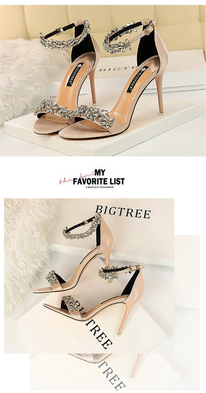 Open Toe Rhinestones Sandals Women 2024 New Designer Luxury High Heels Female Shoes Summer Heeled Satin One Word Belt 368-1