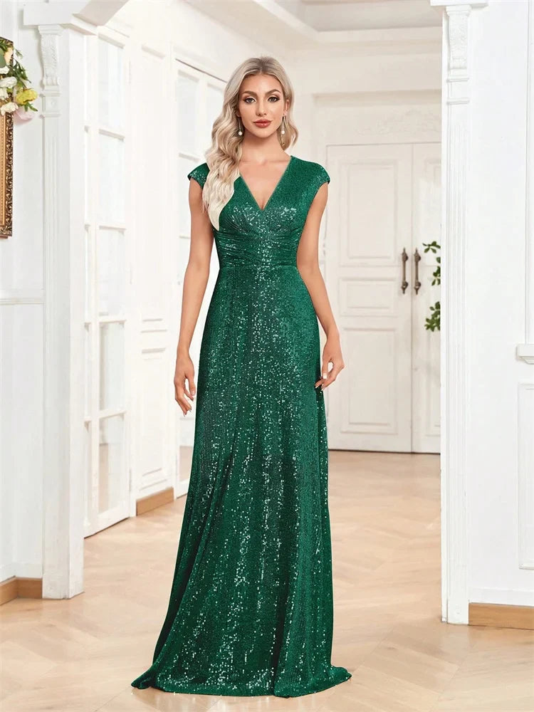 Vestido de Noite Sereia Feminino Elegante Decote V Longo Formal Azul para Formatura Festa com Lantejoulas Sem Mangas Vestidos