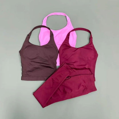 2 Piece Active Set Women Open Back Halter Top Peach Butt Lifting Leggings Seamless Soft Stretchy Gym Yoga Fitness Outfits