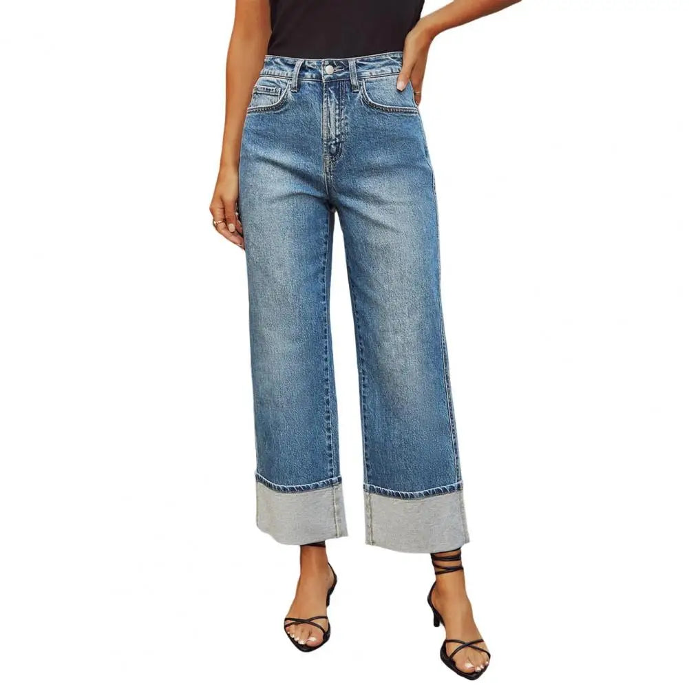 Women Baggy Jeans High Waisted Button up Denim Pants Elastic Cuffed Hem Straight Wide Leg Jeans with Pockets Streetwear