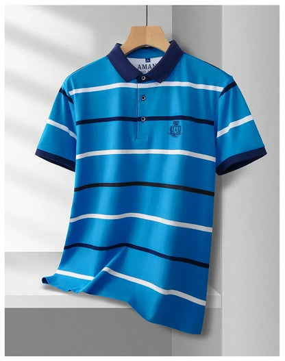 Light luxury brand short sleeve men's POLO shirt summer fashion personality striped badge top breathable ice silk casual T-shirt