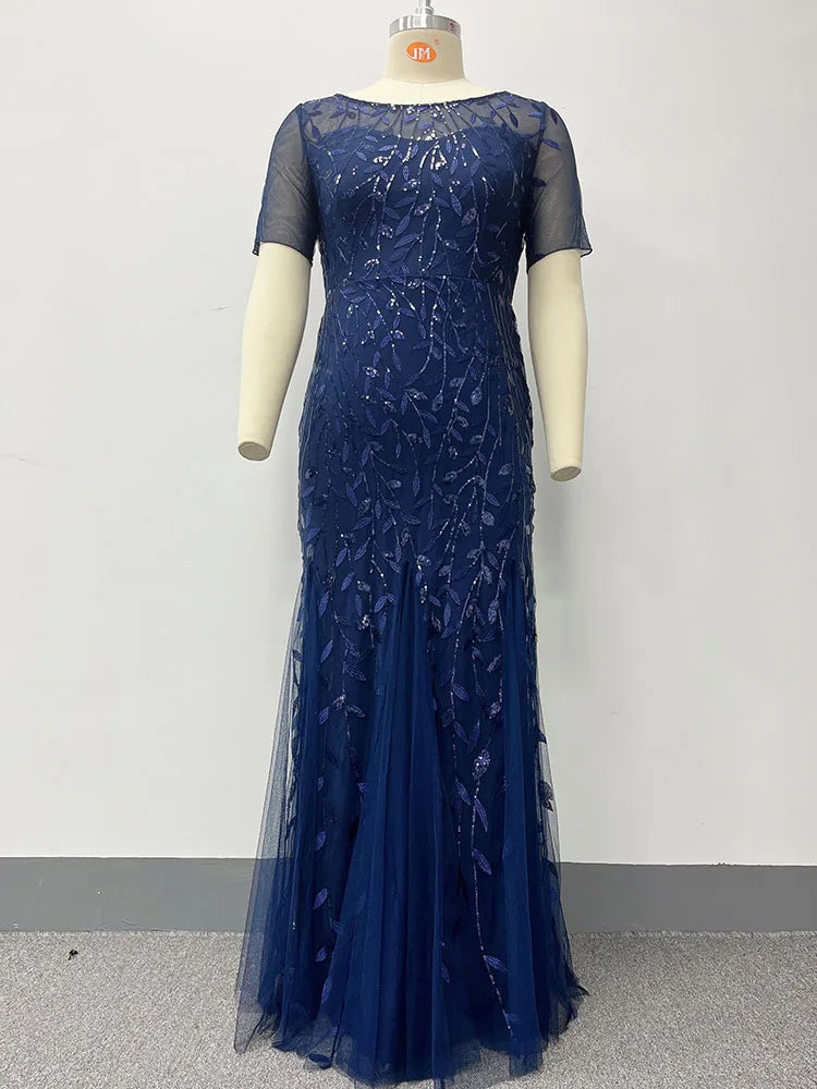 2023 Plus Size Sequin Mesh Mermaid Slim Evening Dress Beaded Leaves Pattern Formal  Women Elegant Party Prom Gowns Short Sleeve