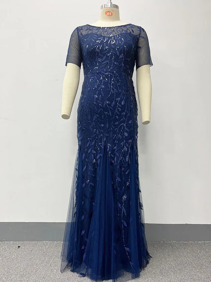 2023 Plus Size Sequin Mesh Mermaid Slim Evening Dress Beaded Leaves Pattern Formal  Women Elegant Party Prom Gowns Short Sleeve