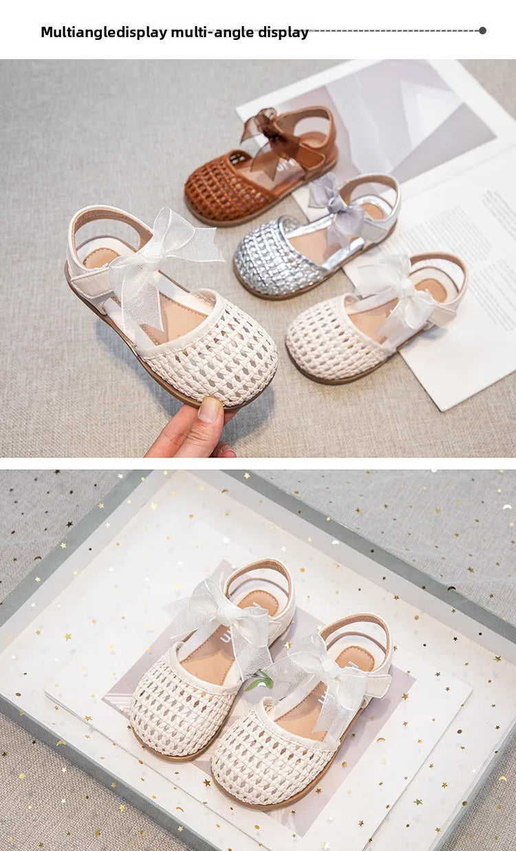 Children's Sandals Summer New Elegant Girls Princess Shoes Woven Style Beach Causal Kids Flat Sandals Solid Color Versatile