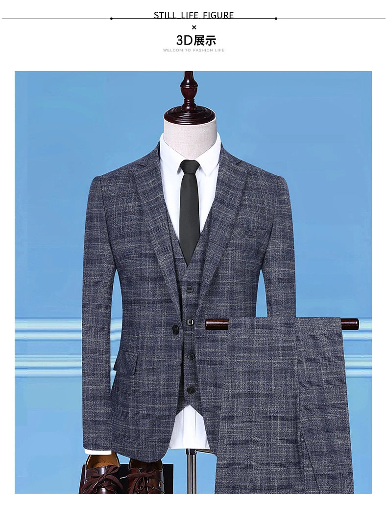 Blazer Vest Pants  Boutique Plaid Men's Formal Groom Wedding Dress Slim Suit 3Pcs or 2Pcs Men's Casual Business Suit Tuxedo