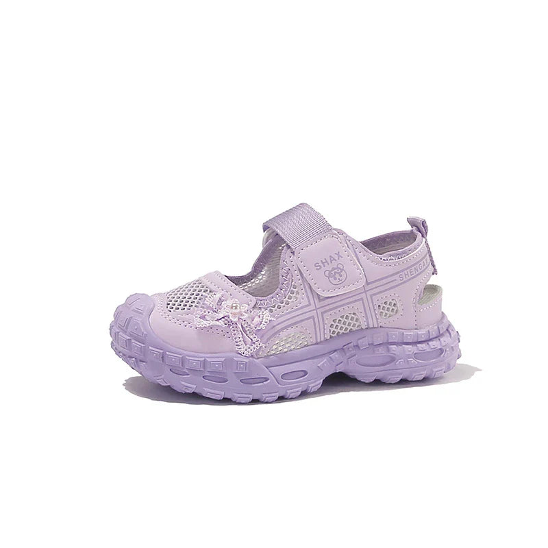 2026 summer new girls' bow mesh toe sandals soft and casual beach sandals children's outdoor walking non slip flat shoes