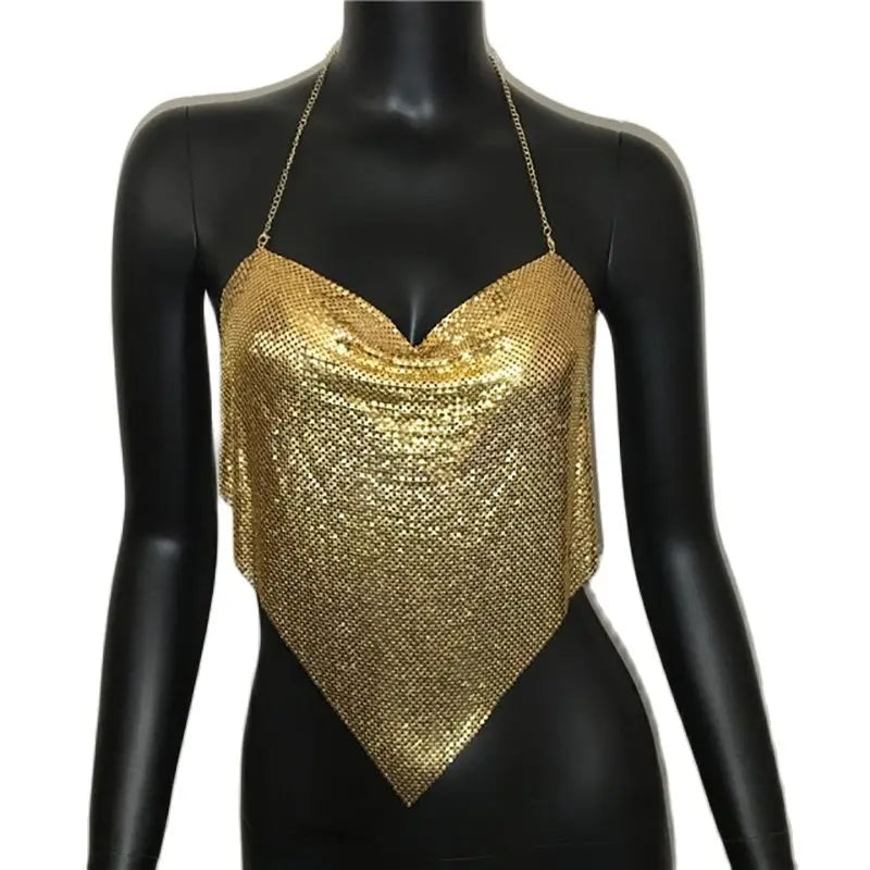 Women Solid Sequined Metal Camis Top 2025 Sexy Halter Backless V Strappy Party Nightclub Vest Cropped Tops
