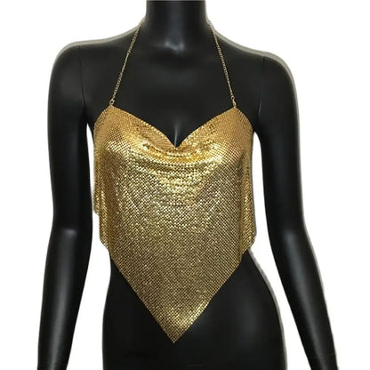 Women Solid Sequined Metal Camis Top 2025 Sexy Halter Backless V Strappy Party Nightclub Vest Cropped Tops