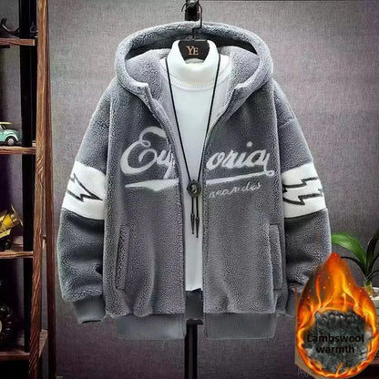 Jaqueta de Algodão Masculina para Estudantes, Blusão de Veludo Cordeiro Grosso Forrado com Fleece, Ajuste Solto Casual, Agasalho Quente para Outono Inverno