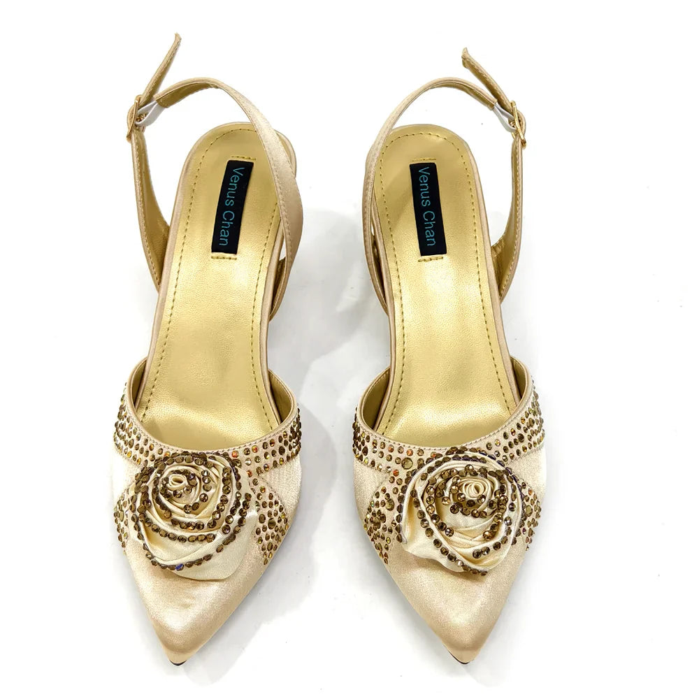 Elegant Rhinestone-Embellished Brown Heeled Shoes and Handbag Set for Women with Floral Decoration – Perfect Small Size Fashion