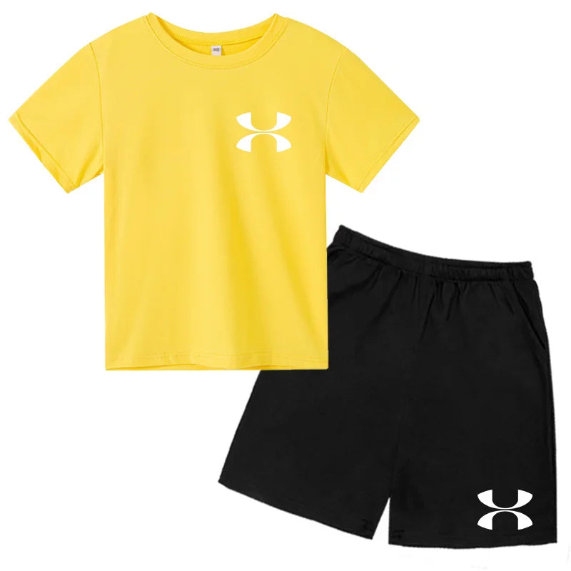Fashion Two-Piece Casual t-shirt Set Kids  Summer Sports Short-Sleeved Boy Girl 3-13Yrs  T-shirt +Shorts