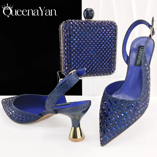 Italian Design Rhinestone Luxury Navy Blue Pointed Toe Shoe & Bag Set Women High Heels for Parties High Quality