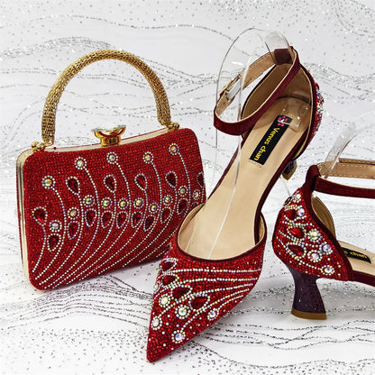 2025 Elegant Rhinestone Pointed Toe Pumps With Matching Bag Set Large Size shoes Big Bag for Women's Party High Heels