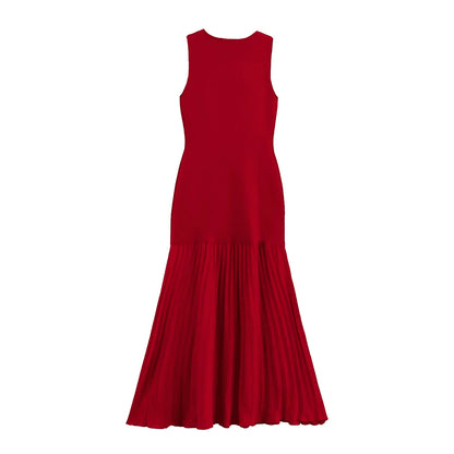 Spring Summer New Women's Dress Pleated Patchwork Simple Temperament Knitted Sleeveless Long Dresses for Women 2025