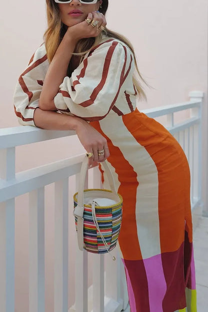 Women Linen Material Long Dresses Fashion Chic Print Sexy V-neck Hollow Out High Waist Party Dress Lady robes