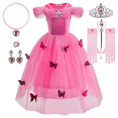 Elsa Cosplay Dress Butterfly Decoration with Accessories Princess Style Suitable School Activities Performance and Birthday Gift