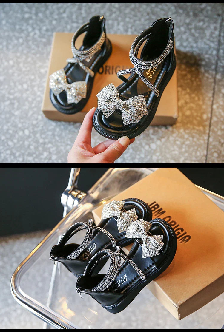 Girls' Shiny Cool Rhinestone Bowknot Children's Sandals 2023 Summer Open-toe Versatile Kids Fashion Back Zipper Casual Shoes New