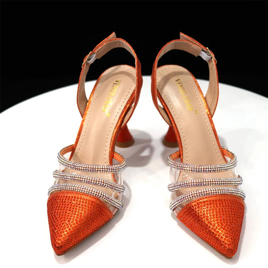 Newest INS Style Orange Color Elegant High Heels Nigeria Popular Design African Ladies Shoes And Bag Set