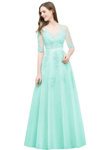 Elegant Half Sleeve Evening Dresses Lace Appliques A-Line Long Tulle Strap V-Neck Sheer Backless Prom Dress Empire Party Gowns